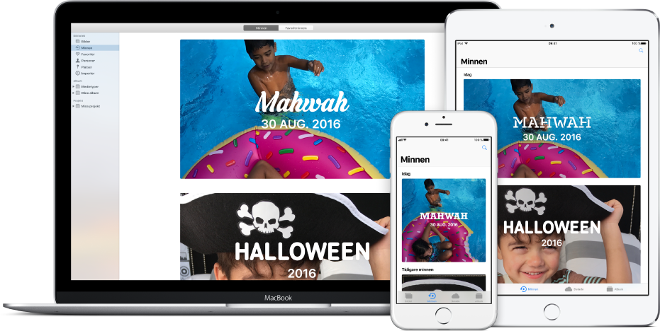 Mac, iPhone och iPad inställda för användning med iCloud-bildbibliotek, med samma uppsättning bilder på alla enheter.