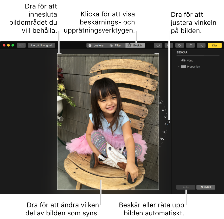 Fönster med en bild med alternativ för beskärning och upprätning.
