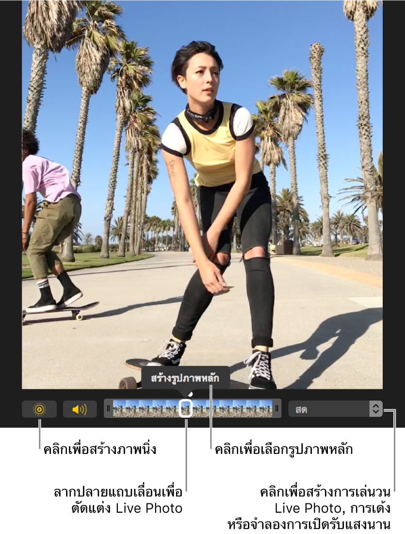 Live Photo ในมุมมองการแก้ไขโดยมีแถบเลื่อนอยู่ด้านใต้นั้นซึ่งแสดงกรอบของรูปภาพปุ่ม Live Photo และปุ่มลำโพงอยู่ทางซ้ายของแถบเลื่อน และทางขวาคือเมนูป๊อปอัพที่คุณสามารถใช้ในการเพิ่มเอฟเฟ็กต์เล่นวน เด้ง หรือเปิดรับแสงนาน