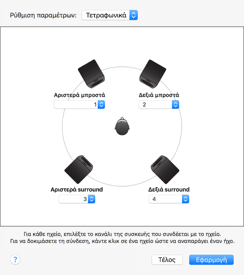 Το πλαίσιο διαλόγου ρύθμισης παραμέτρων ηχείων που εμφανίζει μια τετραφωνική ρύθμιση παραμέτρων ηχείων.