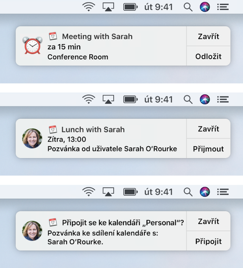 Upozornění na oznámení pro pozvánky Kalendáře mají napravo tlačítka: Zavřít a Přijmout nebo Zavřít a Zobrazit pro událost a Zavřít a Připojit se pro sdílený kalendář