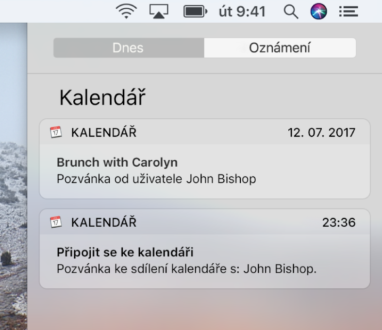 Oznámení kalendářové události a oznámení sdíleného kalendáře v Oznamovacím centru