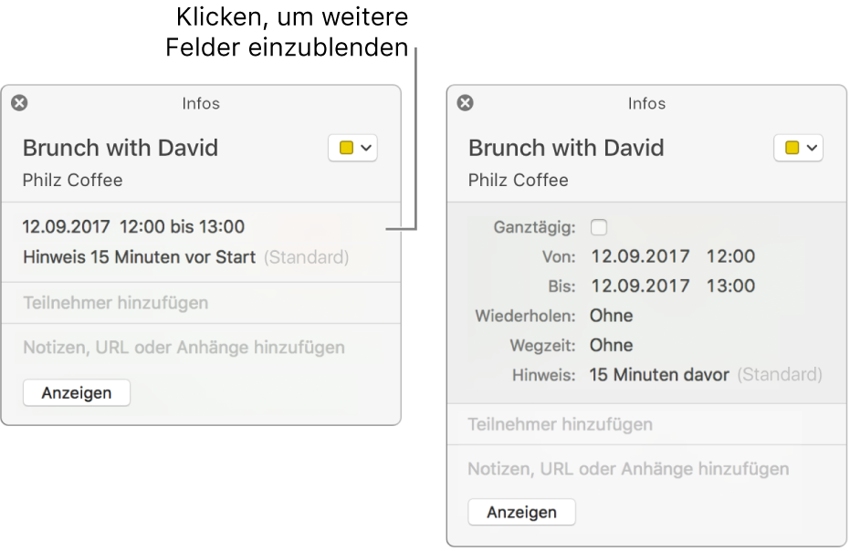 Infofenster für ein Ereignis mit dem Zeiger über dem Einblendmenü „Wiederholen“
