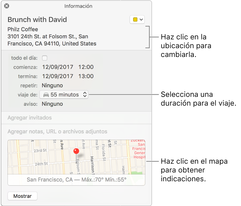 Ventana de información de un evento, con el puntero sobre el menú desplegable “Duración del viaje” Selecciona una duración de viaje en el menú desplegable. Haz clic en la ubicación para cambiarla. Haz clic en el mapa para obtener indicaciones