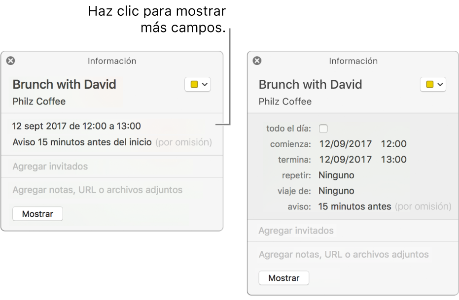Ventana de información de un evento con los detalles ocultos (a la derecha), y la misma ventana mostrando los detalles de la duración (a la derecha).