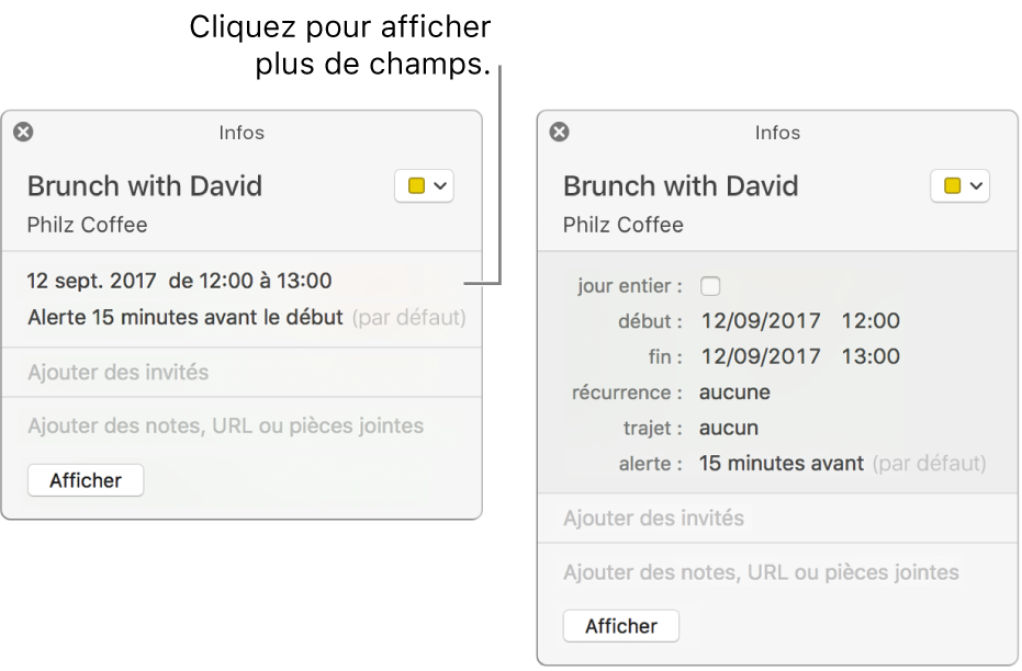 Fenêtre d’informations d’un événement, avec le pointeur sur le menu local Récurrence.