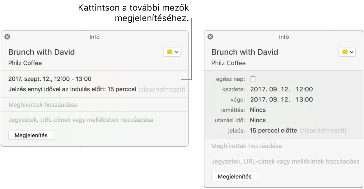 Egy esemény információs ablaka; a mutató az Ismétlés felugró menün áll.