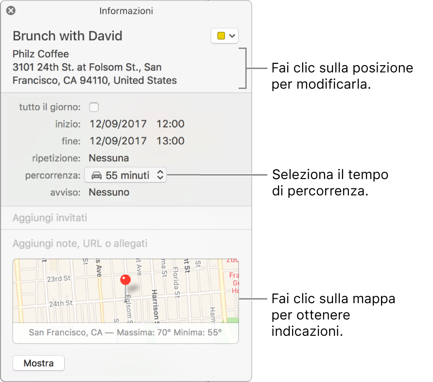 Finestra delle informazioni di un evento con il puntatore sul menu a comparsa “Tempo di percorrenza”. Scegli un tempo di percorrenza dal menu a comparsa. Fai clic sulla posizione per modificarla. Fai clic sulla mappa per ottenere indicazioni