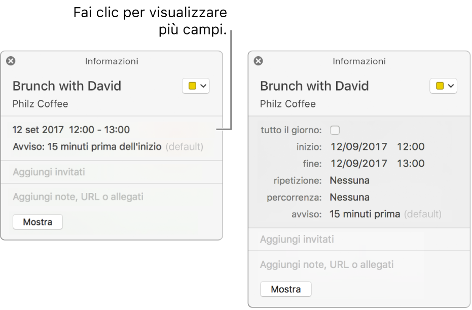 Finestra delle informazioni di un evento con i dettagli nascosti (a sinistra) e la stessa finestra che mostra la durata (a destra).