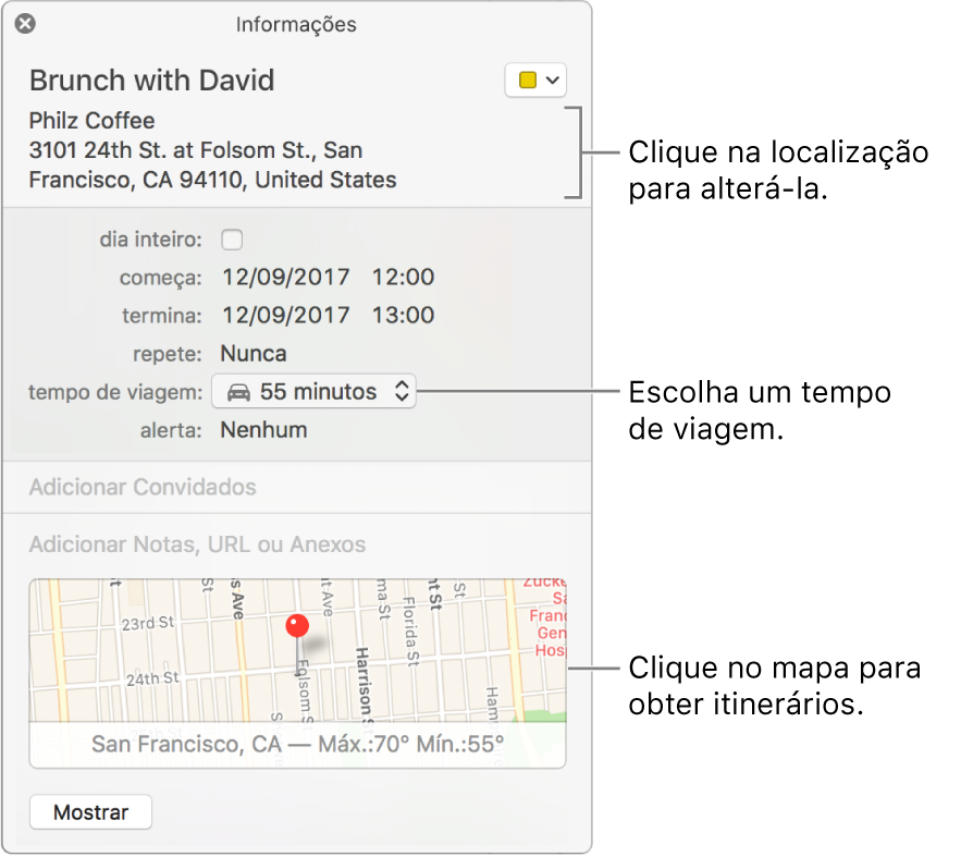 Janela de informações de um evento com o cursor sobre o menu local “Tempo de Viagem”. Escolha um horário de viagem no menu local. Clique na localização para alterá-la. Clique no mapa para obter itinerários