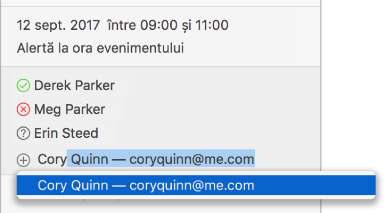 Fereastră de informații privind un eveniment, decupată pentru a se vedea doar invitații