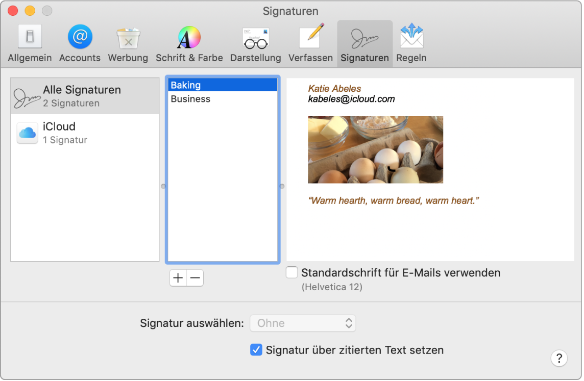 Der Einstellungsbereich für Mail-Signaturen mit einer Signatur, die formatierten Text und ein Bild enthält.