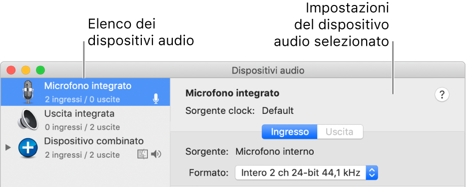 La finestra dei dispositivi audio.