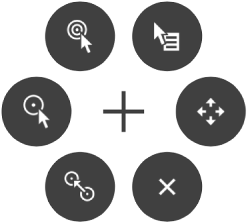 Il menu Opzioni circolare, i cui pulsanti includono, dalla parte superiore destra e in senso orario, “Clic con il tasto destro del mouse”, “Scorri menu”, Chiudi, “Trascina e rilascia”, “Clic con il tasto sinistro del mouse” e “Doppio clic”.