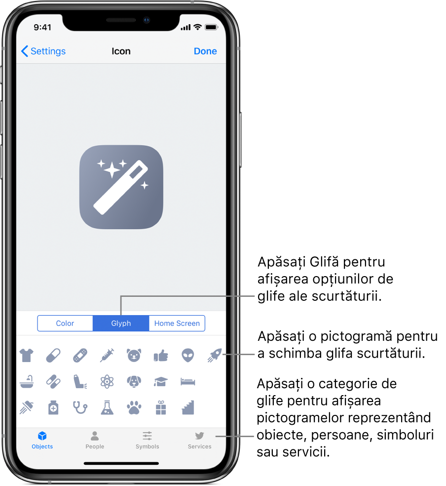 Ecranul Pictogramă afișând opțiunile de glife pentru scurtături.