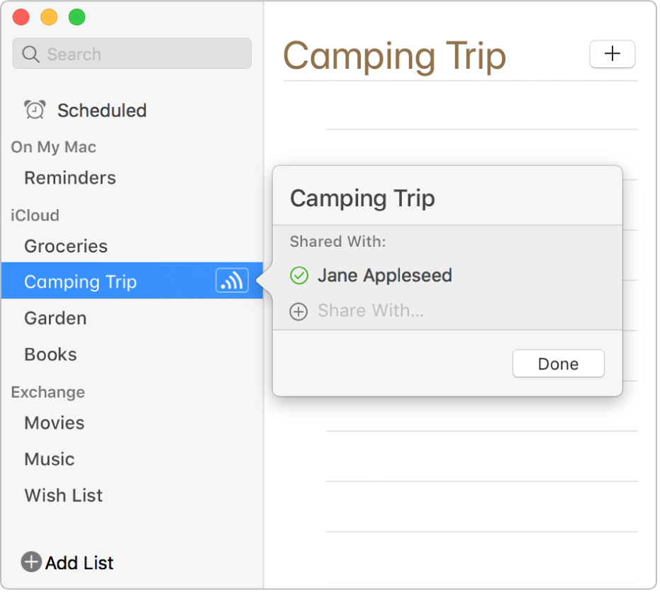 The info window for a reminder list, showing the list is shared with one person.