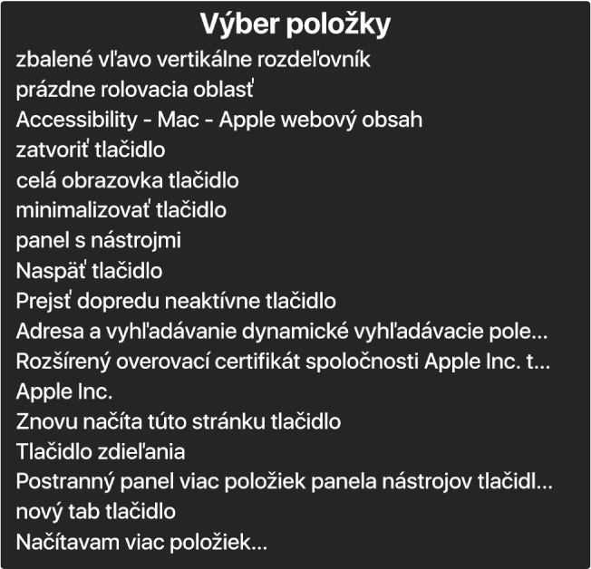 Nástroj Výber položky je panel, ktorý zobrazuje položky, ako napríklad prázdnu rolovaciu oblasť, tlačidlo Zatvoriť, panel s nástrojmi a tlačidlo Zdieľať a iné.