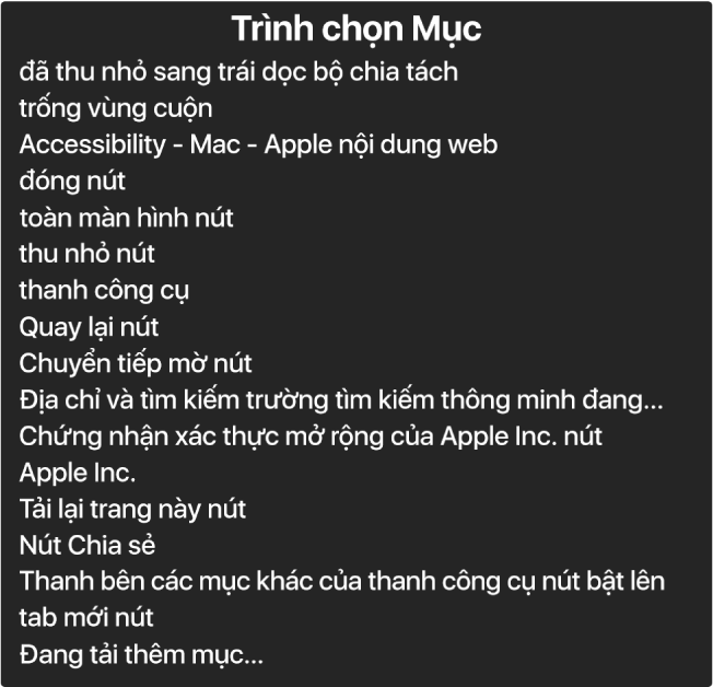 Trình chọn mục là một bảng liệt kê các mục như khu vực cuộn trống, nút đóng, thanh công cụ và nút Chia sẻ cũng như nhiều mục khác.