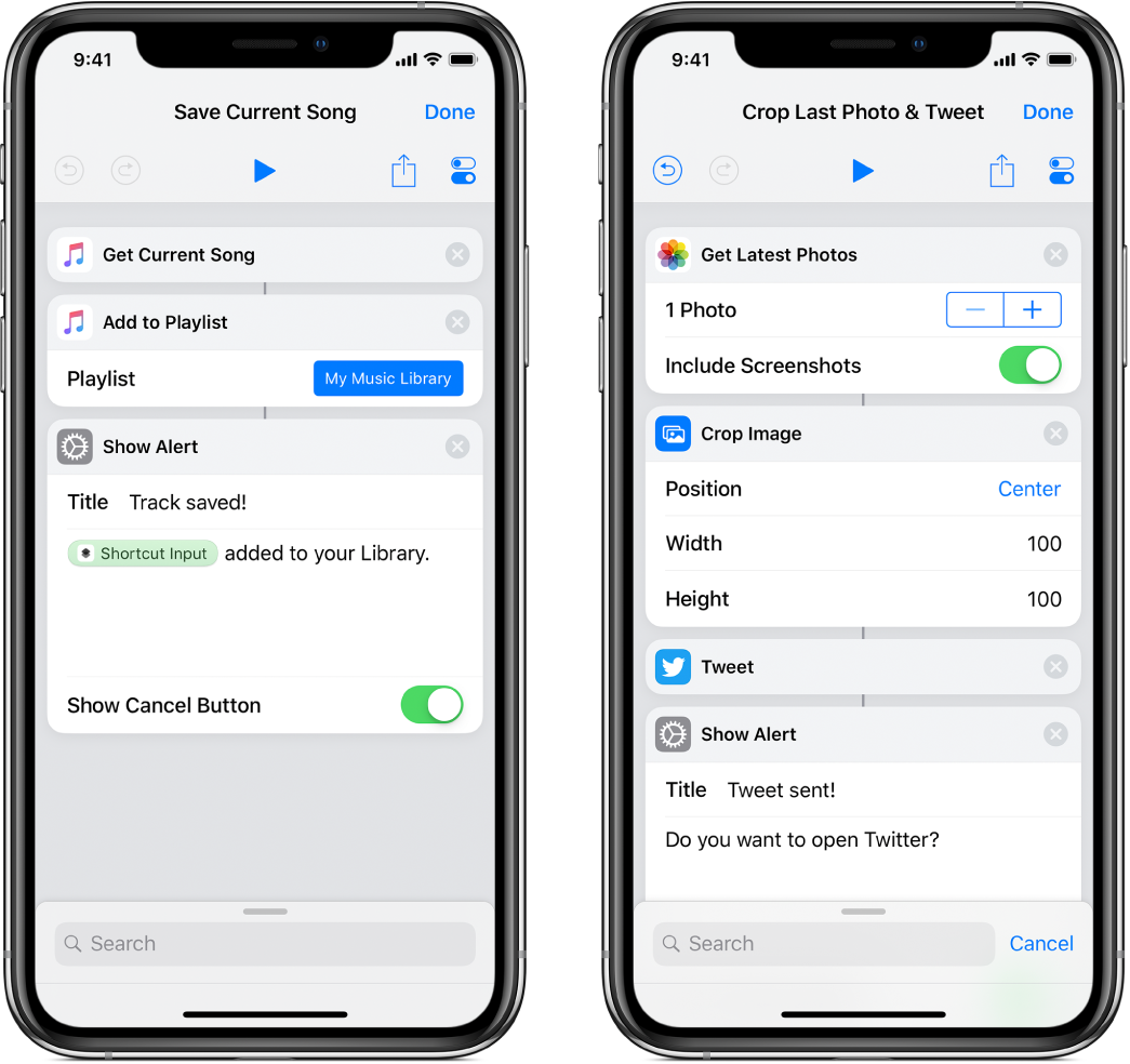 Deux raccourcis : Enregistrer le morceau actuel, et Recadrer la dernière photo et Tweeter.