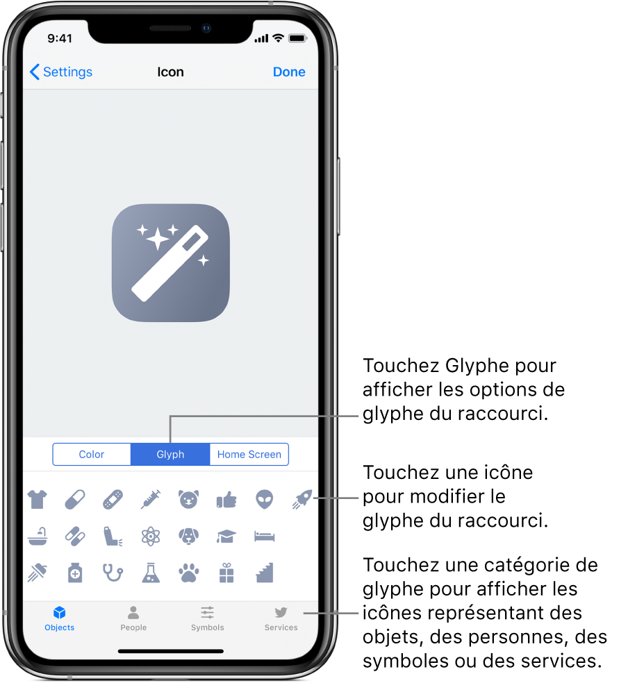 Écran Icône affichant les options de glyphe du raccourci.