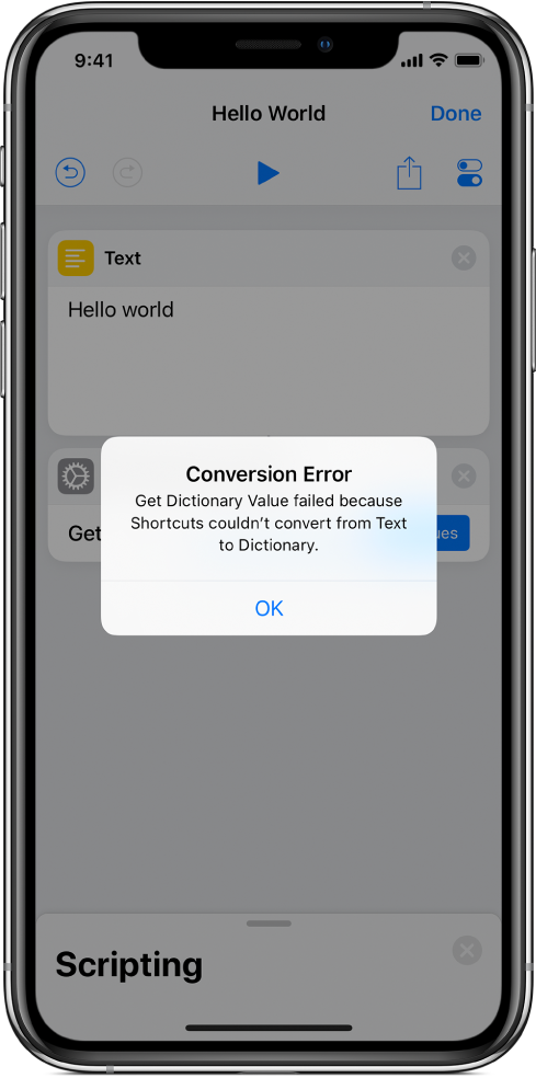 Alertă de eroare în editorul de acțiuni.