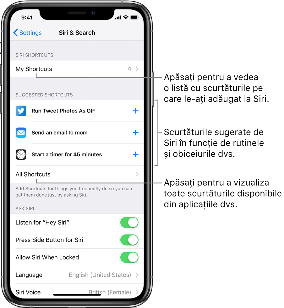 Scurtături sugerate în Configurări.