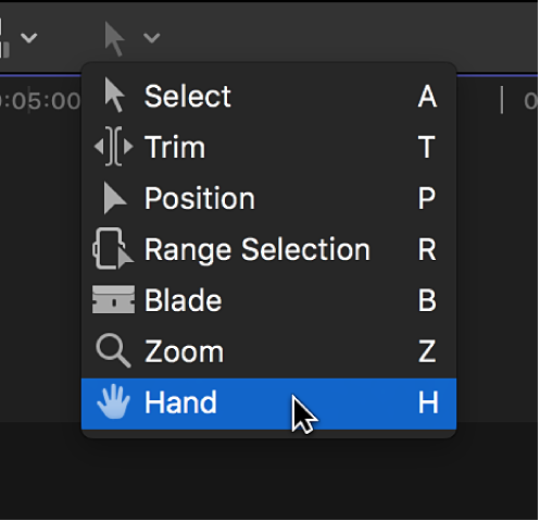 Das Werkzeug „Hand“ im Einblendmenü „Werkzeuge“