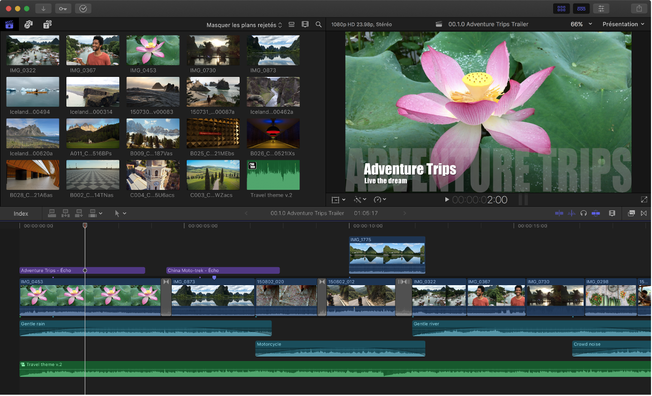 Fenêtre de Final Cut Pro affichant le navigateur, le visualiseur et la timeline