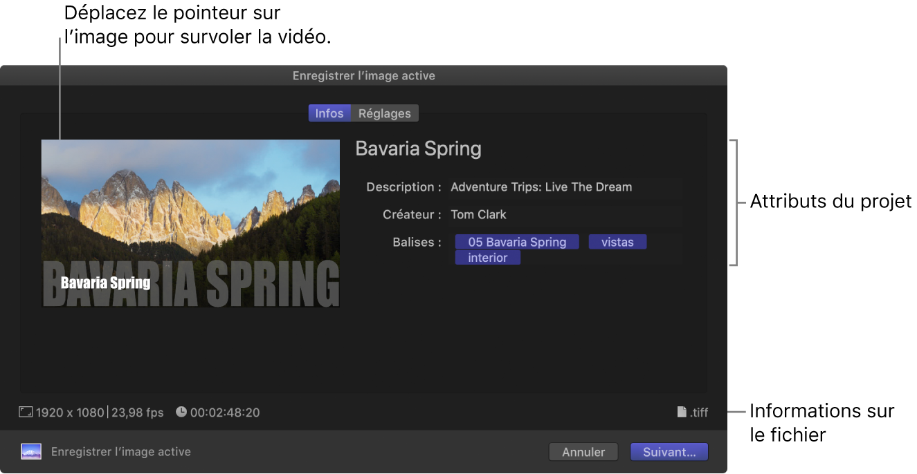 Fenêtre Infos de la fenêtre Partager pour la destination « Enregistrer l’image active »