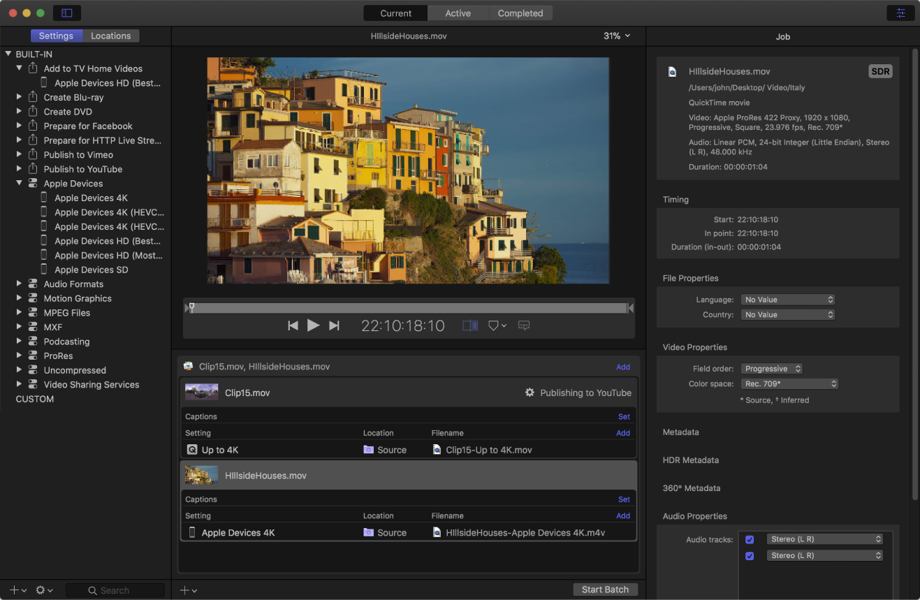Ventana principal de Compressor con una tarea seleccionada.