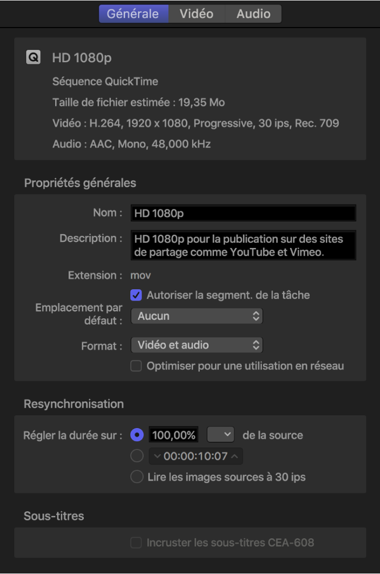Inspecteur affichant les propriétés pour le réglage HD 1080p