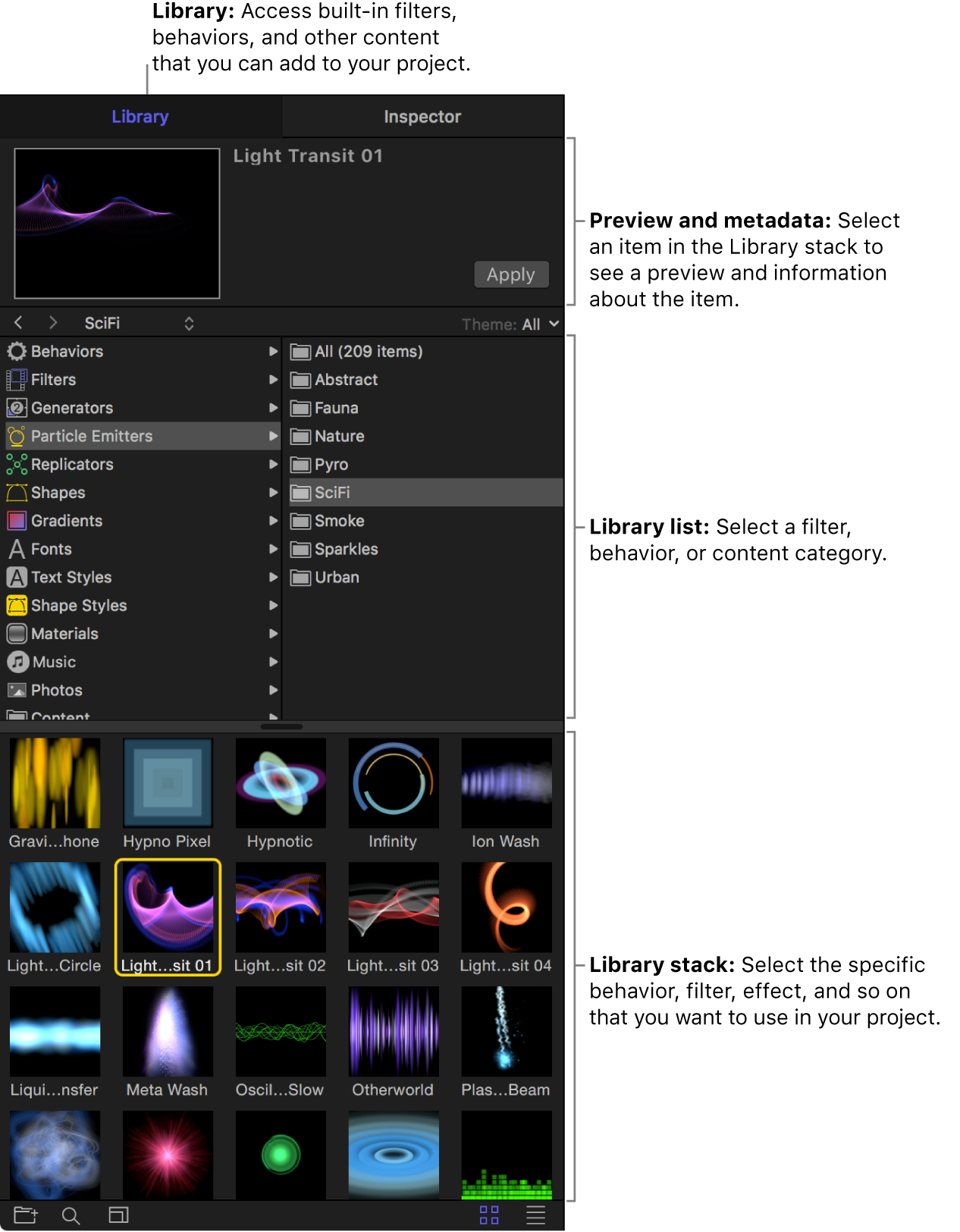 Mediathek mit dem Vorschaubereich, der Liste „Mediathek“ und dem Stapel „Mediathek“