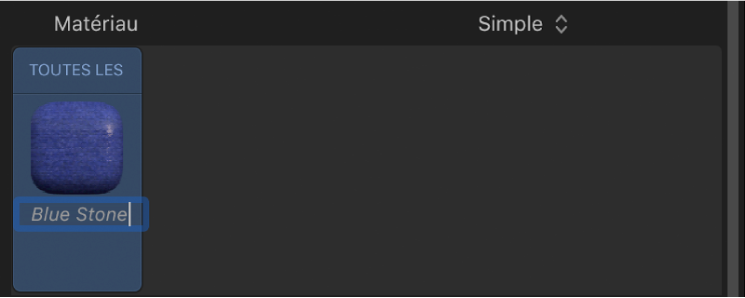 Nom d’un matériau en cours de modification dans l’inspecteur de texte 3D