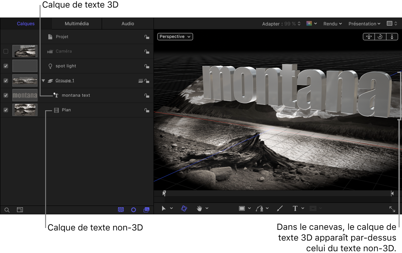 Calque de texte 3D situé au-dessus du calque de texte non-3D dans la liste Calques ; ce dernier apparaît derrière le calque de texte 3D dans le canevas.