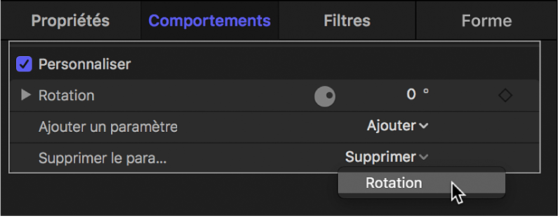 Inspecteur de comportements affichant un paramètre en cours de suppression d’un comportement Personnaliser