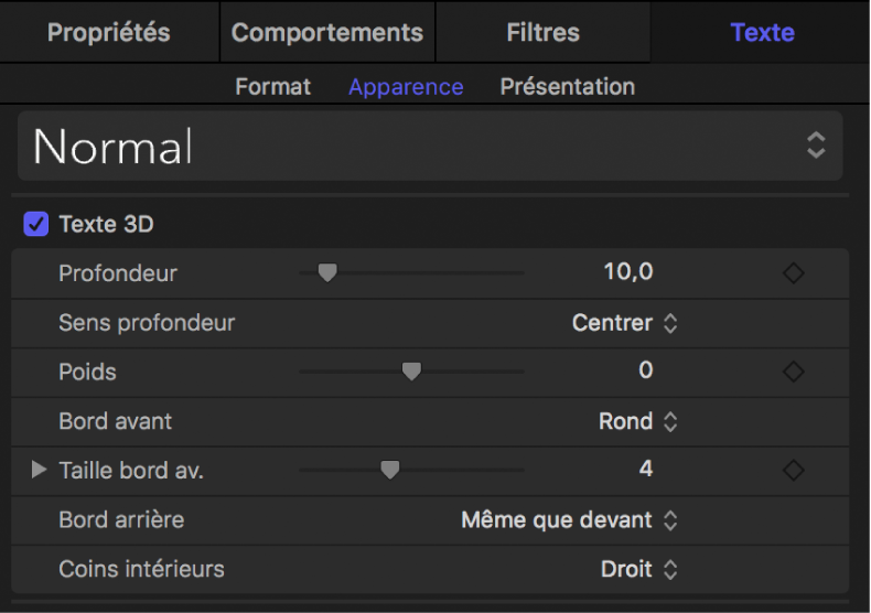 Commandes Texte 3D dans la fenêtre Apparence de l’inspecteur de texte