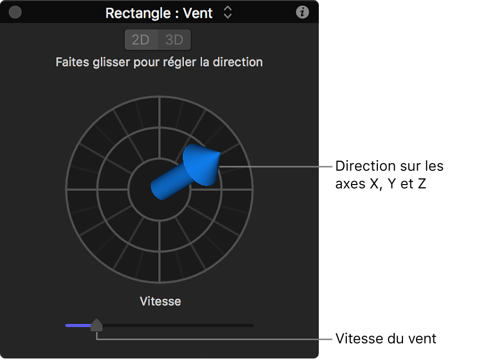 Palette avec commandes spéciales pour le comportement Vent en mode 3D