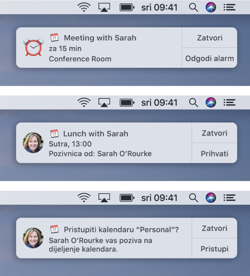 Alarmi za obavijesti za pozivnice za Kalendar imaju tipke na desnoj strani: Zatvori i prihvati za događaj ili Zatvori i prikaži za dijeljeni kalendar