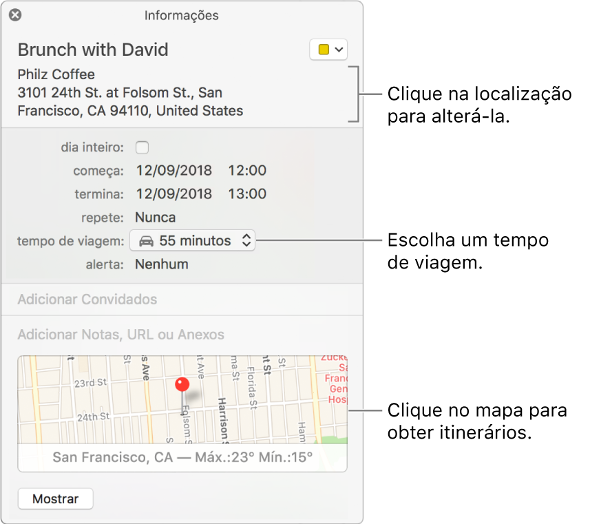 Janela de informações de um evento com o cursor sobre o menu local “Tempo de Viagem”. Escolha um horário de viagem no menu local. Clique na localização para alterá-la. Clique no mapa para obter itinerários