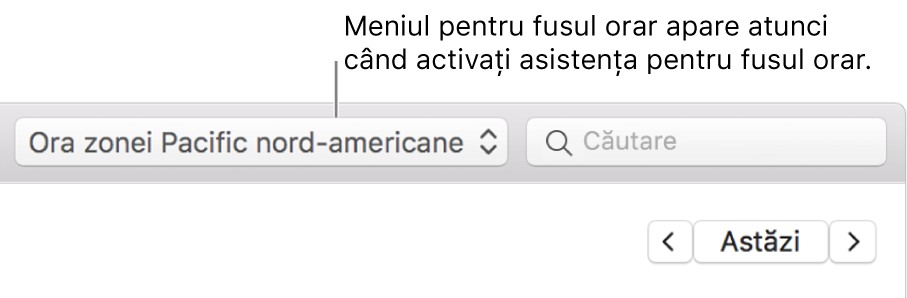 La activarea asistenței va apărea meniul fusului orar în stânga câmpului de căutare