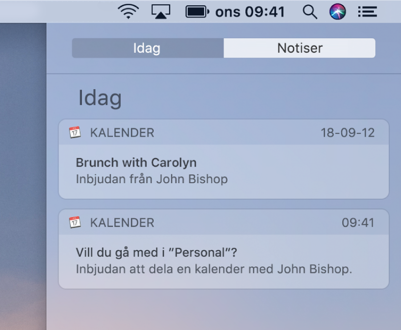 Notis om kalenderaktivitet och notis om delad kalender i Notiscenter