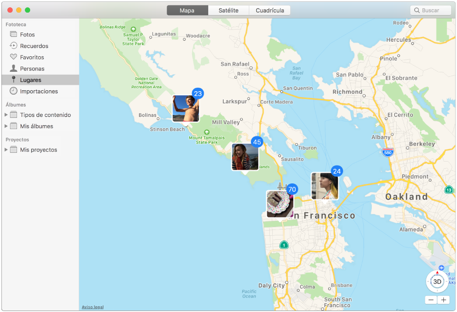 La ventana de Fotos mostrando un mapa con miniaturas de fotos agrupadas por ubicación.