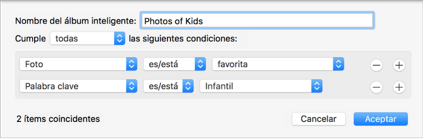 Un cuadro de diálogo en el que se muestran los criterios de un álbum inteligente.