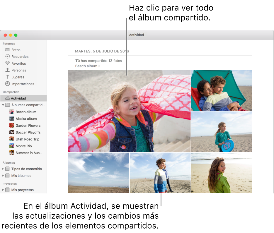 La ventana de Fotos con el álbum Actividad.