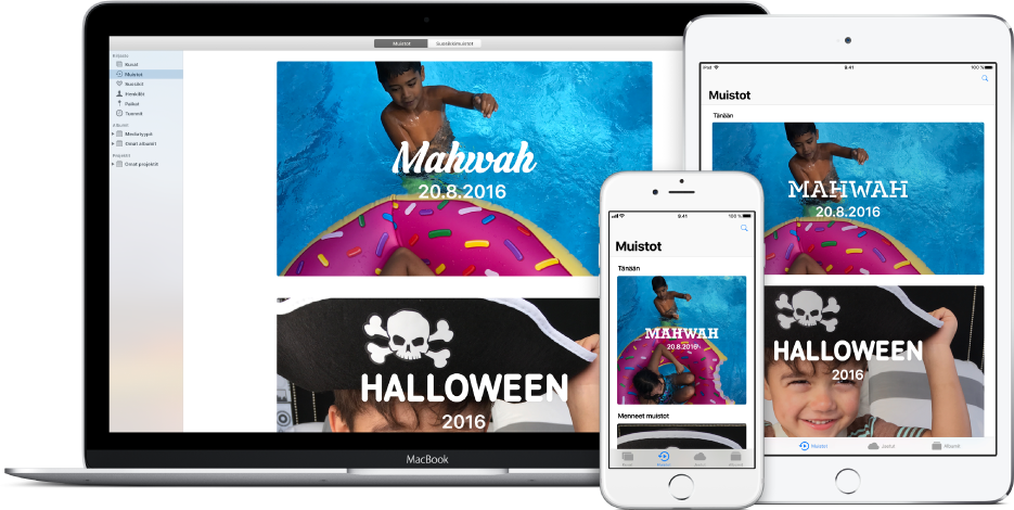 iPhone, MacBook ja iPad, joiden kaikkien näytöllä näkyvät samat kuvat.