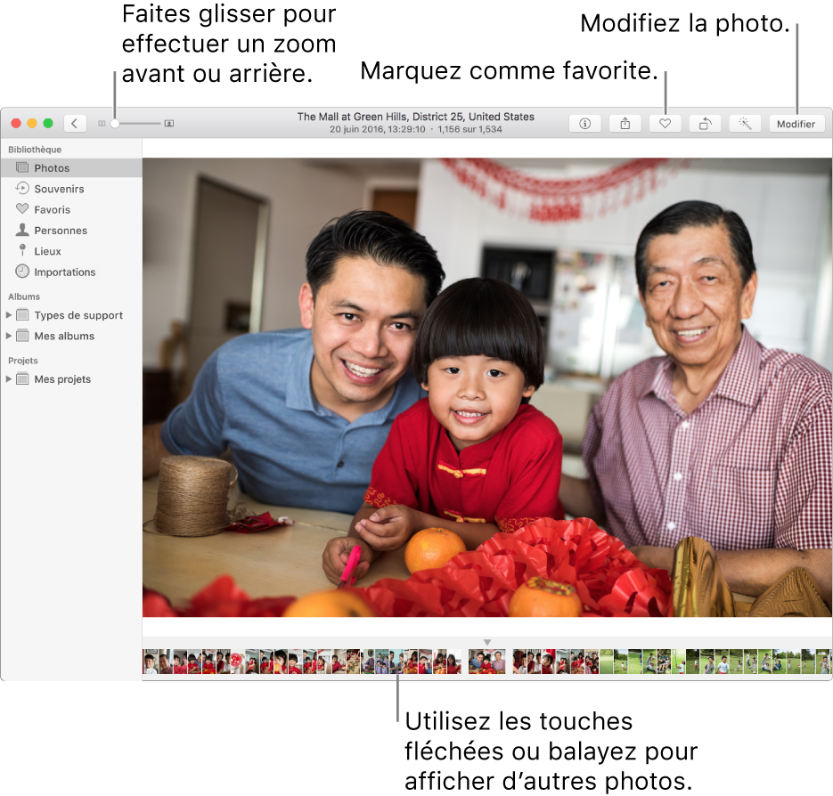 La fenêtre Photos affichant une photo élargie sur la droite avec une rangée de vignettes en dessous. La barre d’outils en haut inclut le curseur Zoom, le bouton Favori et le bouton Modifier.