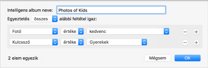 Intelligens album feltételeit mutató párbeszédpanel.