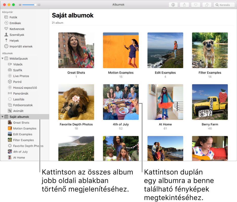 A Fotók ablaka; a Saját albumok ki van jelölve az oldalsávon, a létrehozott albumok pedig a jobb oldali ablakban láthatók.