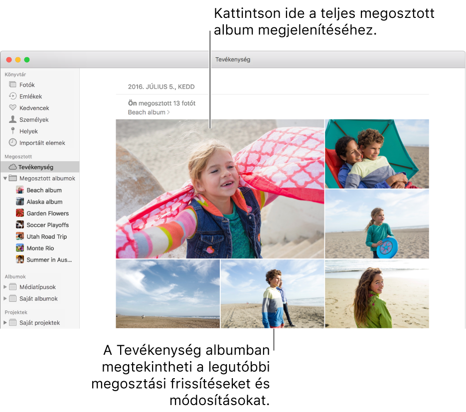 A Fotók ablak megjelenített Tevékenység albummal.