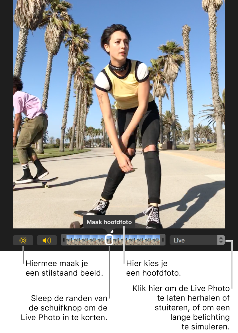 Een Live Photo in de bewerkingsweergave met een schuifknop eronder met de beelden van de foto. De Live Photo- en luidsprekerknoppen staan links van de schuifknop. Rechts bevindt zich een venstermenu om effecten voor herhalen, stuiteren en lange belichting toe te voegen.